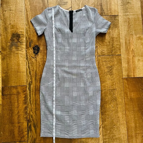 NWOT Cefian Grey Plaid-pattern Business V-Neck Pencil Dress w/ Short Sleeves - Picture 9 of 9